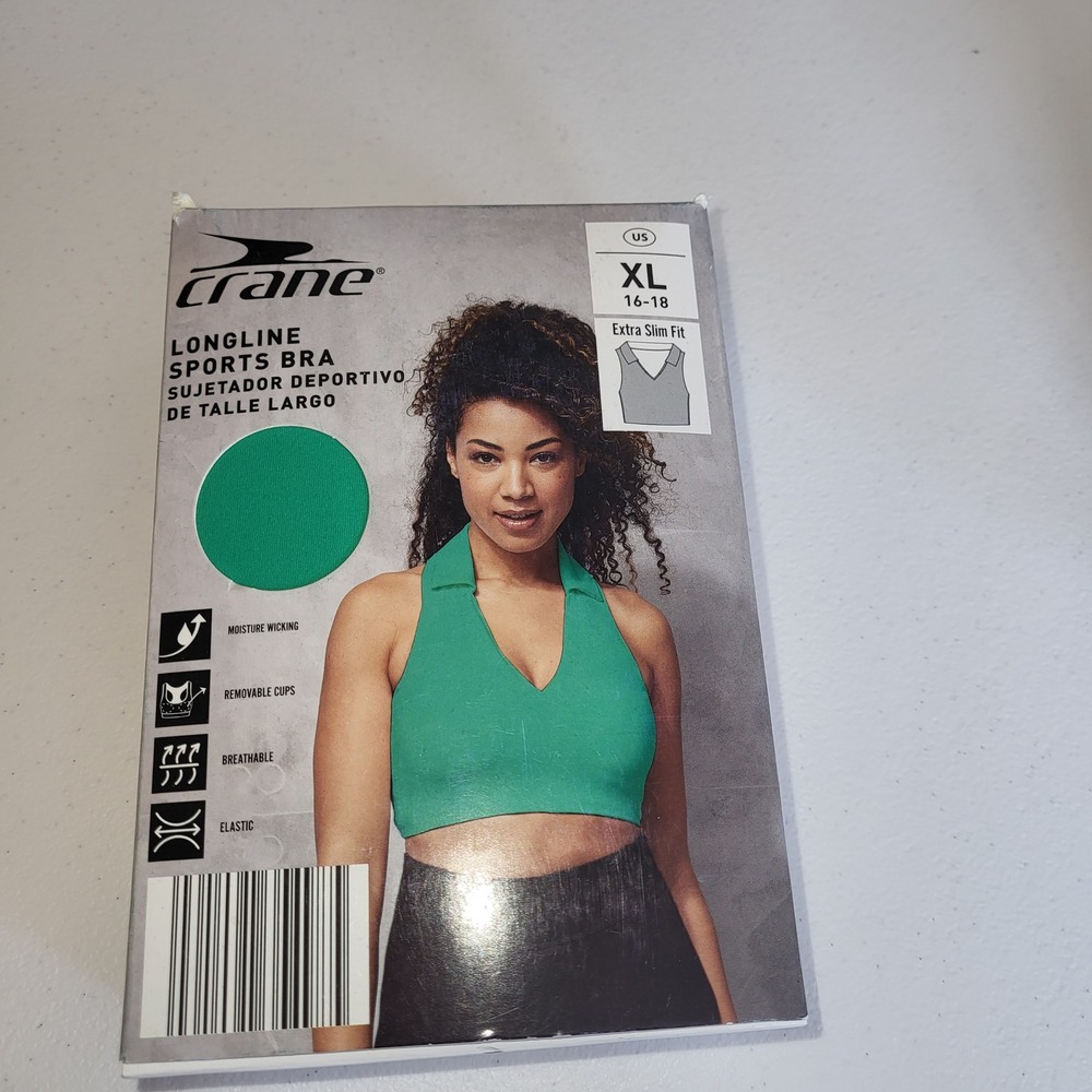 Crane Longline Sports Bra XL 16-18 Green Collared V-Neck Extra Slim Fit‎ NIB